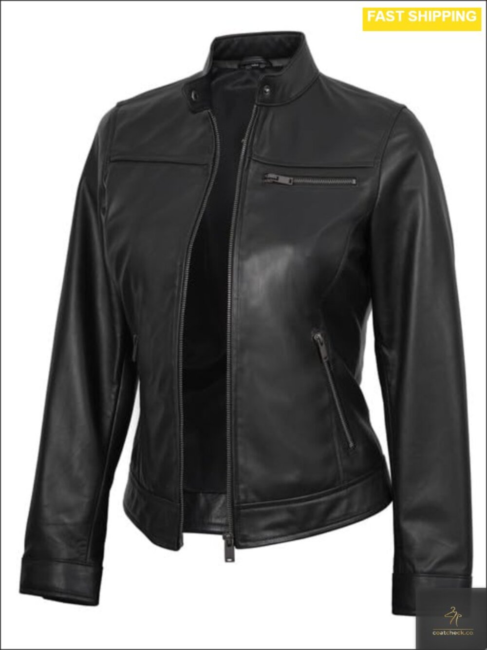 Real Lambskin Leather Cafe Racer Jacket Women Moto Biker